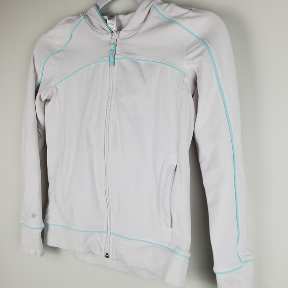 Athleta Girl White and Blue Zip Up Hooded Jacket With Thumbholes Medium 8-10 - Picture 2 of 11